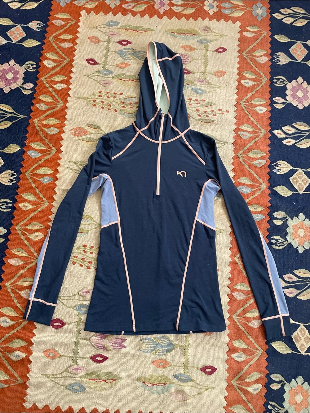 Kari Traa Svala Midlayer Hooded 1/4 Zip - Navy / Green / Bluebell - Size S